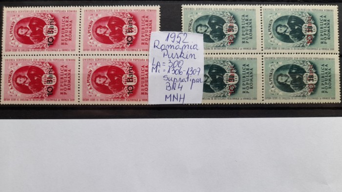 1952-Romania-Puskin-supratipar-Lp300-Bl4-MNH-Perfect