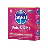 Prezervative SKINS Dots &amp; Ribs Premium Condoms, texturate pentru stimulare intensă, din latex, 4 bucăți