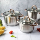 Set 3 Oale Kinghoff Golden Rose cu Capac, Inox, Fund Termic, 1.6L, 2.3L, 3.1L, Compatibil Inductie
