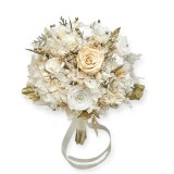 Buchet mare mireasa cu trandafiri criogenati, hortensie criogenata si plante naturale stabilizate, alb-auriu , personalizabil cromatic