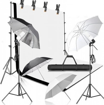 Kit studio 4 umbrele,suport fundal + 2 panze + accesorii Andoer 2 x bec 150W foto