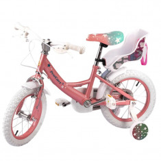 Bicicleta pentru copii cu roti ajutatoare, 12 inch, scaun papusi, cadru otel, frane V-Brake, unicorn roz