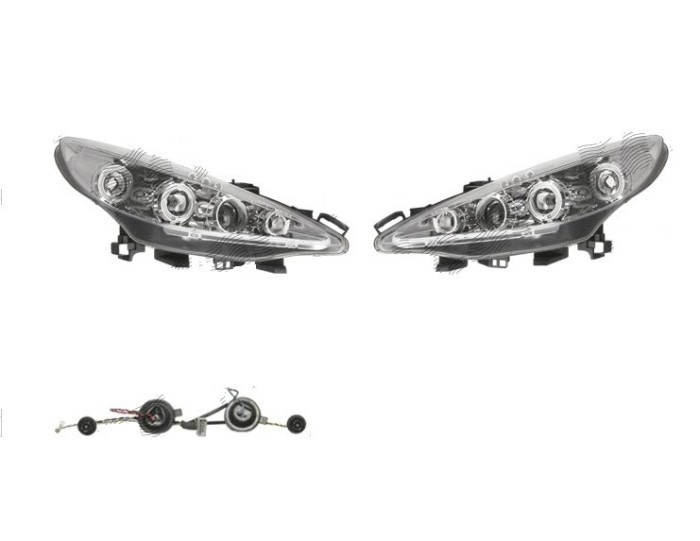 Set faruri tuning PEUGEOT 207 (W ), 05.2006-12.2013, Taiwan, partea stanga+dreapta, tip bec H1+H1; manual; transparent, argintiu;