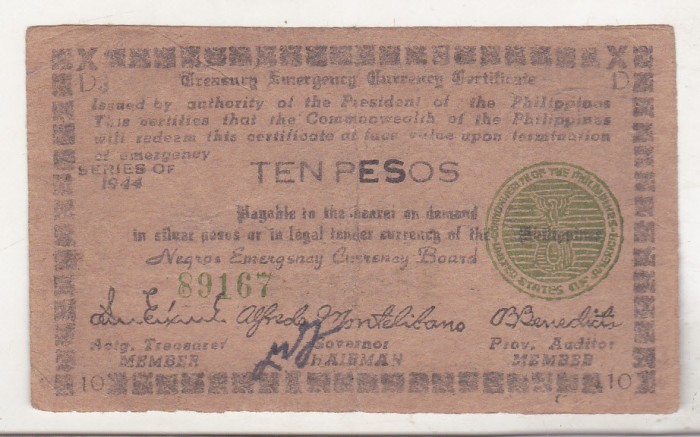 bnk bn Filipine 10 pesos 1944 Negros