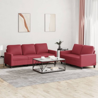 vidaXL Set de canapele cu perne, 2 piese, roșu vin, piele ecologică 3201421 foto