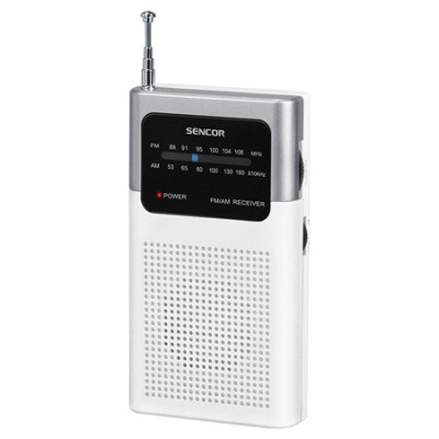 Mini radio portabil Sencor, 0.3 W RMS, reglare analogica, antena telescopica, FM / AM, jack 3.5 mm, suprafata cauciucata, prinzator curea, Alb/Gri foto