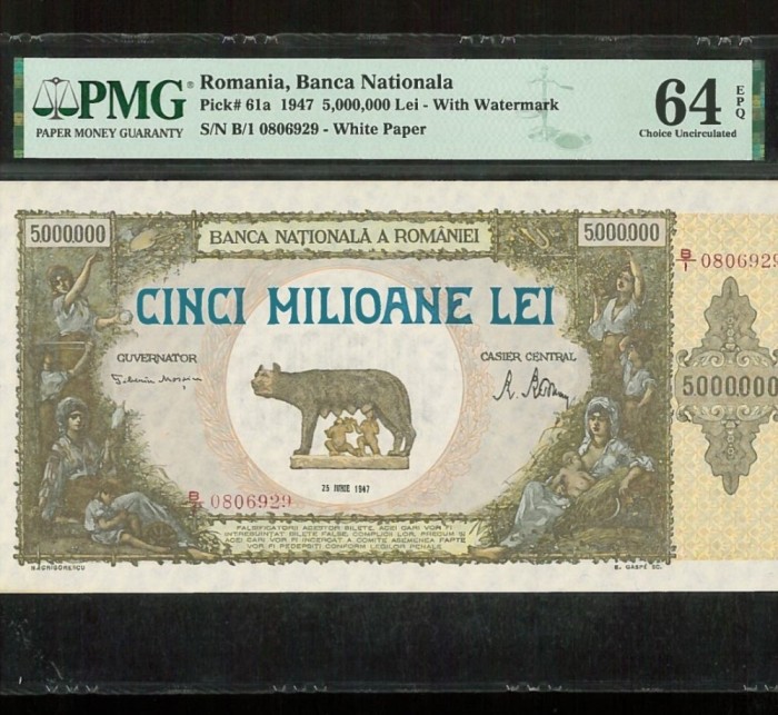Romania 5000000 lei 1947 P61a bancnotă gradată PMG 64