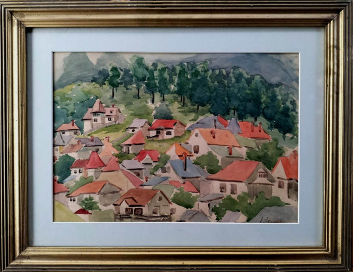 Aurica Ionescu, peisaj colinar cu case, acuarelă