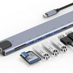 Hub Adaptor Multiport 10 in 1 USB-C Axeloni ® la HDMI 4K / port de retea RJ45 100mbps / Tip C Port / USB 3.0 / Putere de livrare Port 100W / TF si SD