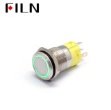 Buton push iluminat cu mentinere, 5A 12, 24V DC, 16mm, IP67, metalic, inel LED verde, 5 pini, FLM16-FJ-1-EX000-S11Z5-GREEN