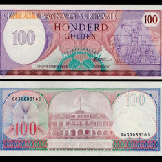 SURINAM █ SURINAME █ bancnota █ 100 Gulden █ 1985 █ P-128b █ UNC █ necirculata