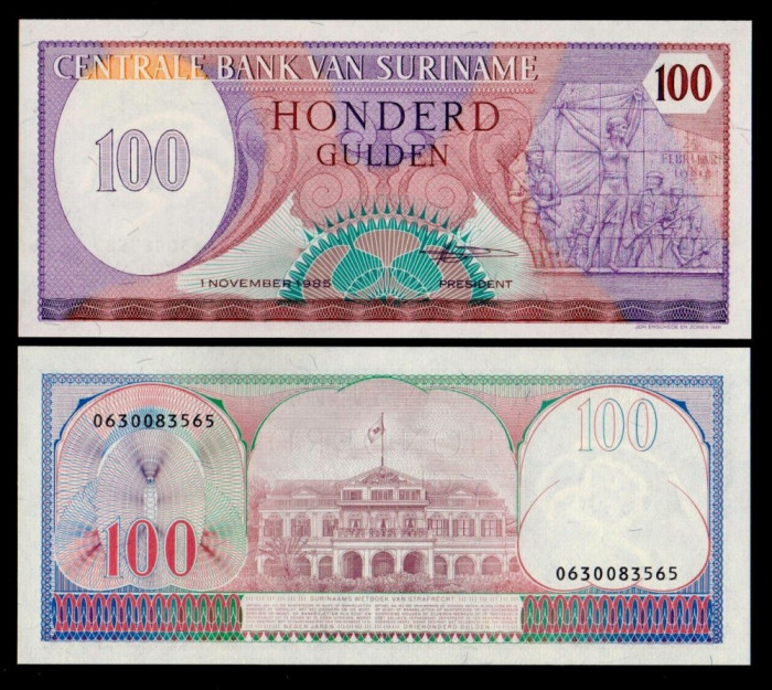 SURINAM █ SURINAME █ bancnota █ 100 Gulden █ 1985 █ P-128b █ UNC █ necirculata