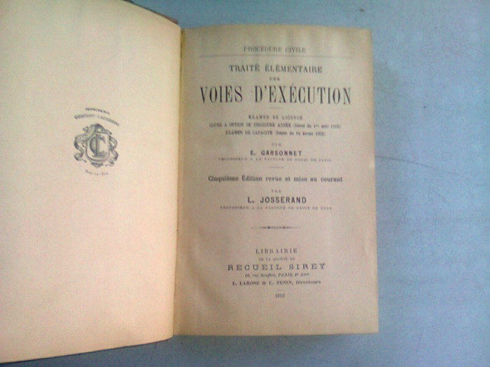 TRAITE ELEMENTAIRE DES VOIES D&#039;EXECUTION - E. GARSONNET