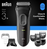 Aparat electric de ras Braun Series 3+ 3000BT, 3 Lame Flexibile, Microcomb pentru eficienta, Accesoriu de tuns barba, +5 piepteni, Utilizare