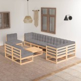 Set mobilier grădină cu perne, 10 piese, lemn masiv de pin