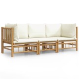 Set mobilier de gradina, cu perne alb crem, 3 piese, bambus