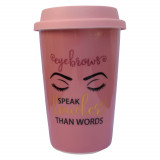 Cana ceramica de voiaj Pufo pentru cafea cu capac din silicon, 415 ml, model Eyebrows speak, roz