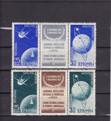 1957 LP 444 a SATELITI ARTIFICIALI AI PAMANTULUI TRIPTIC CU VINIETA MNH foto