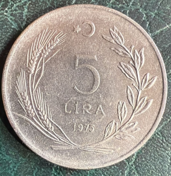 TURCIA 5 LIRE 1975/ OTEL, 11 g / 32,5 mm./ STARE F.BUNA/ MONEDA DIN POZE