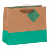 Pungă Cadou, Model Bicolor, Culori Verde Marin și Bej, Dimensiuni 25.5x10x21.5 cm, M&acirc;nere Textile Maro