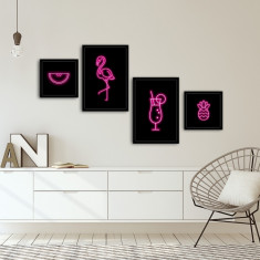 Set 4 tablouri decorative, Alpha Wall, Flamingo, 30x30/35x50 cm