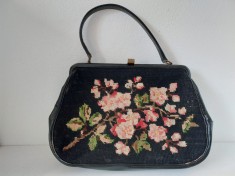 Poseta vintage anii 50-60 piele cu goblen/ cusatura de mana trandarifi, medie foto