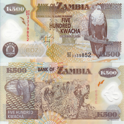 ZAMBIA 500 kwacha 2011 polymer UNC!!! foto