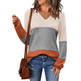 Tricou slim fit pentru femei, ușor, cu guler &icirc;n V, cu dungi și blocuri de culoare, tricotat &ndash; Gri S