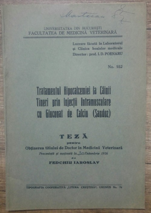 Tratamentul hipocalcemiei la cainii tineri prin injectii intramusculare// 1936