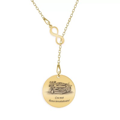 Doxa - Colier personalizat asimetric invatatoare cu infinit si banut din argint 925 placat cu aur galben 24K foto