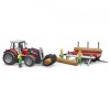 Bruder Tractor Massey Ferguson 7480 cu Incarcator si Remorca Lemne, 3 Trunchiuri, Scara 1:16, Jucarie Realista pt. Copii 3+