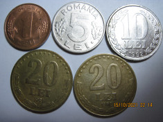 Romania (e156) &amp;#039;90 - 1 Leu 1993, 5 Lei 1995, 10 Lei 1992, 20 Lei 1991, 1992 foto