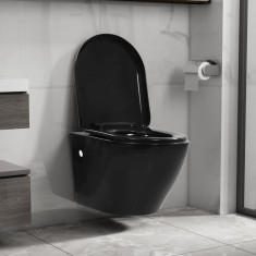 vidaXL Vas WC suspendat fără ramă, negru, ceramică