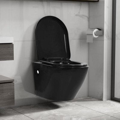 vidaXL Vas WC suspendat fără ramă, negru, ceramică foto