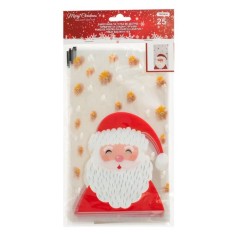 Pungi din Plastic pentru Dulciuri de Craciun cu Imprimeu Mos Craciun Stele 14x24cm - 25buc