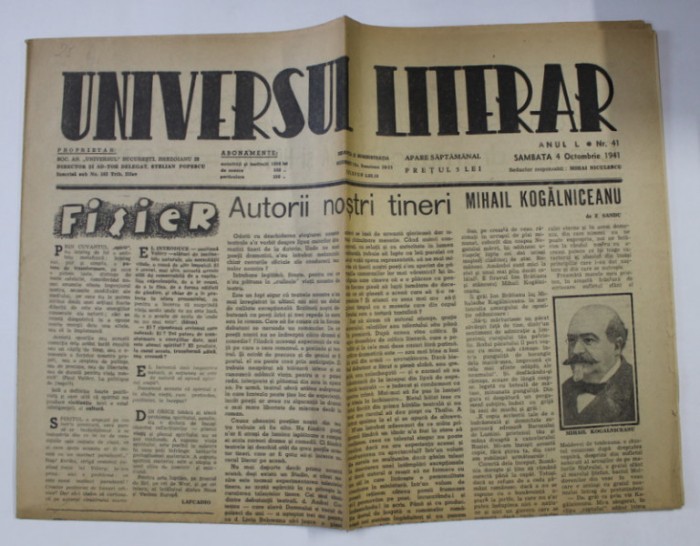 ZIARUL &#039; UNIVERSUL LITERAR &#039; , ANUL L , NR. 41 , 4 OCTOMBRIE , 1941