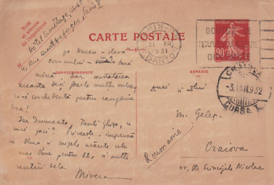 CARTE POSTALA CIRCULATA PARIS - CRAIOVA 31.XII.1931 \ 3 IAN.1932 foto