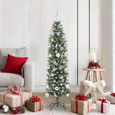 vidaXL Copac Artificial Slăb de Crăciun cu 150 LED Verde și alb 150 cm 3395286 foto