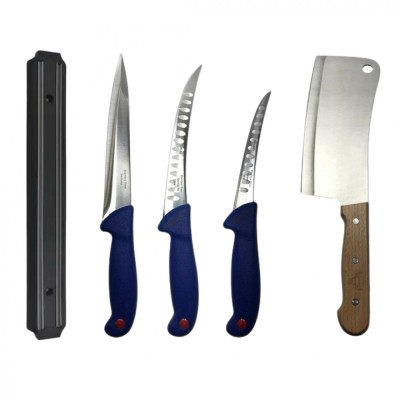 Set profesional de macelarie, injunghiat, transat, dezosat, filetat, 3 cutite otel carbon, suport magnetic, satar foto