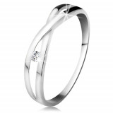 Inel din aur alb 585 - diamant rotund transparent, brațe despicate intersectate - Marime inel: 50