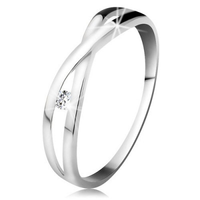 Inel din aur alb 585 - diamant rotund transparent, brațe despicate intersectate - Marime inel: 52 foto