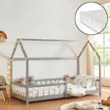 Pat casuta copii cu saltea Hesel 90x200cm brad gri [en.casa] HausGarden Leisure