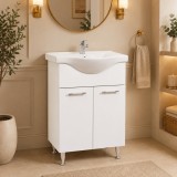 Baza si lavoar ceramic GN1531, mobilier baie stativ 60 cm, front MDF, 2 usi, balamale soft close, picioare cromate reglabile, alb