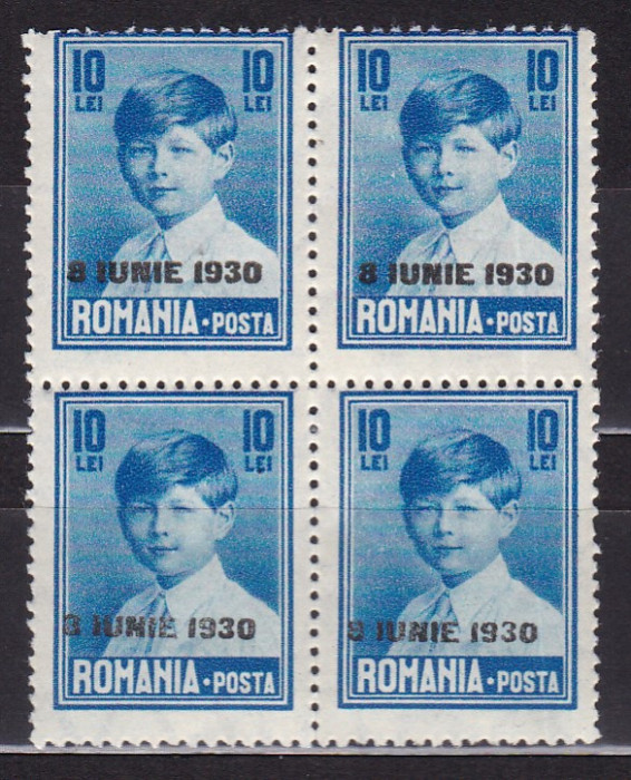 1930 LP 83 r MIHAI SUPRATIPAR 8 IUNIE 1930 EROAREA 10 L CU FILIGRAN BLOC DE4 MNH