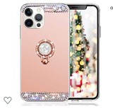 Husa silicon oglinda , inel si pietricele Iphone 13 , Roz