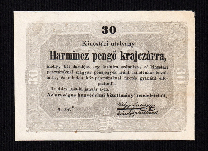 Ungaria / Romania 30 Pengo Kraiczar 1848 AUNC scris in chirilica / romana veche