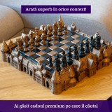Set de sah Decorativ, Castel Fortareata Medievala, 43 x 43 x 13 cm, Auriu si Negru Zirconiu, Pictat de mana