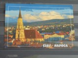 CLUJ- NAPOCA - Panorama centrului vechi - pe verso printata o poza dupa o pictura veche a orasului medieval - necirculata, Fotografie, Cluj Napoca