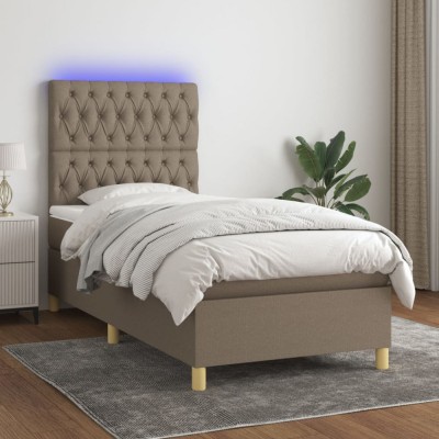 vidaXL Pat cu arcuri, saltea și LED, gri taupe, 90x190 cm, textil 3135641 foto