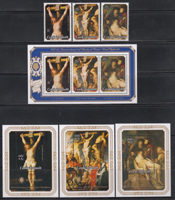 Cook Insule 1977 - 400 de ani de la nașterea lui Rubens, Serie + 3 Colite + Bloc, Set Complet, MNH